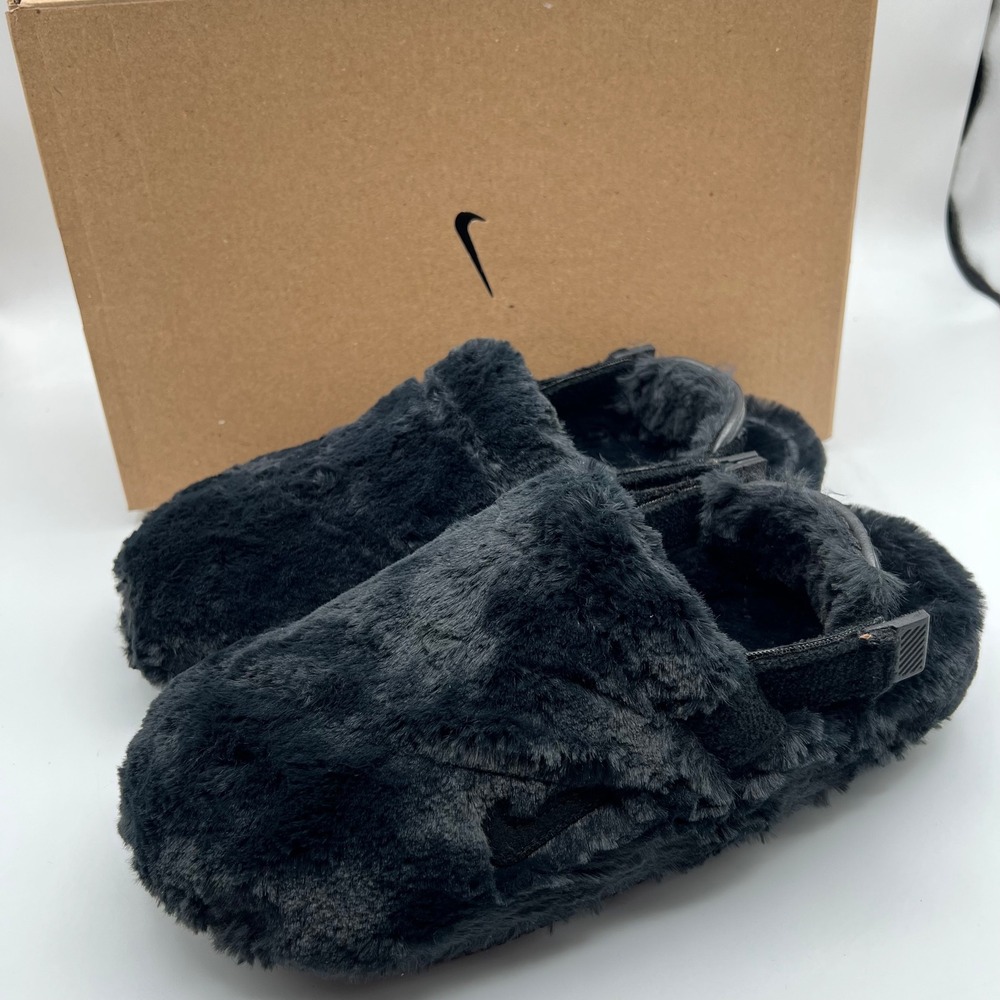 Nike Calm Mule SE NA Womens Size 9 Black Faux Fur Plush Adjustable Slippers